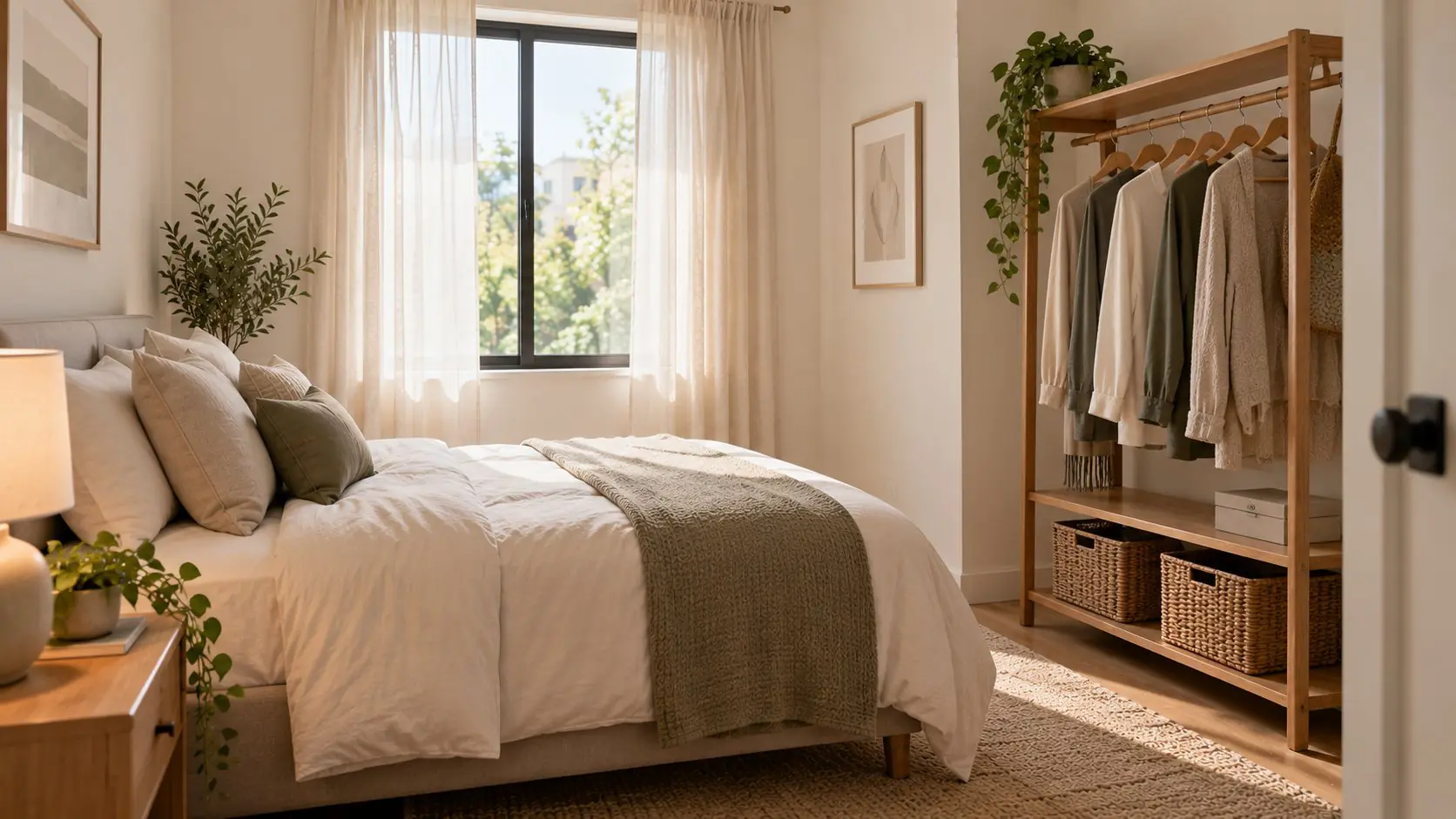First-apartment bedroom with a neatly made bed in light linens, an open wooden clothes rail with hanging garments and woven storage baskets, sheer curtain by the window, and a tall potted plant in the corner