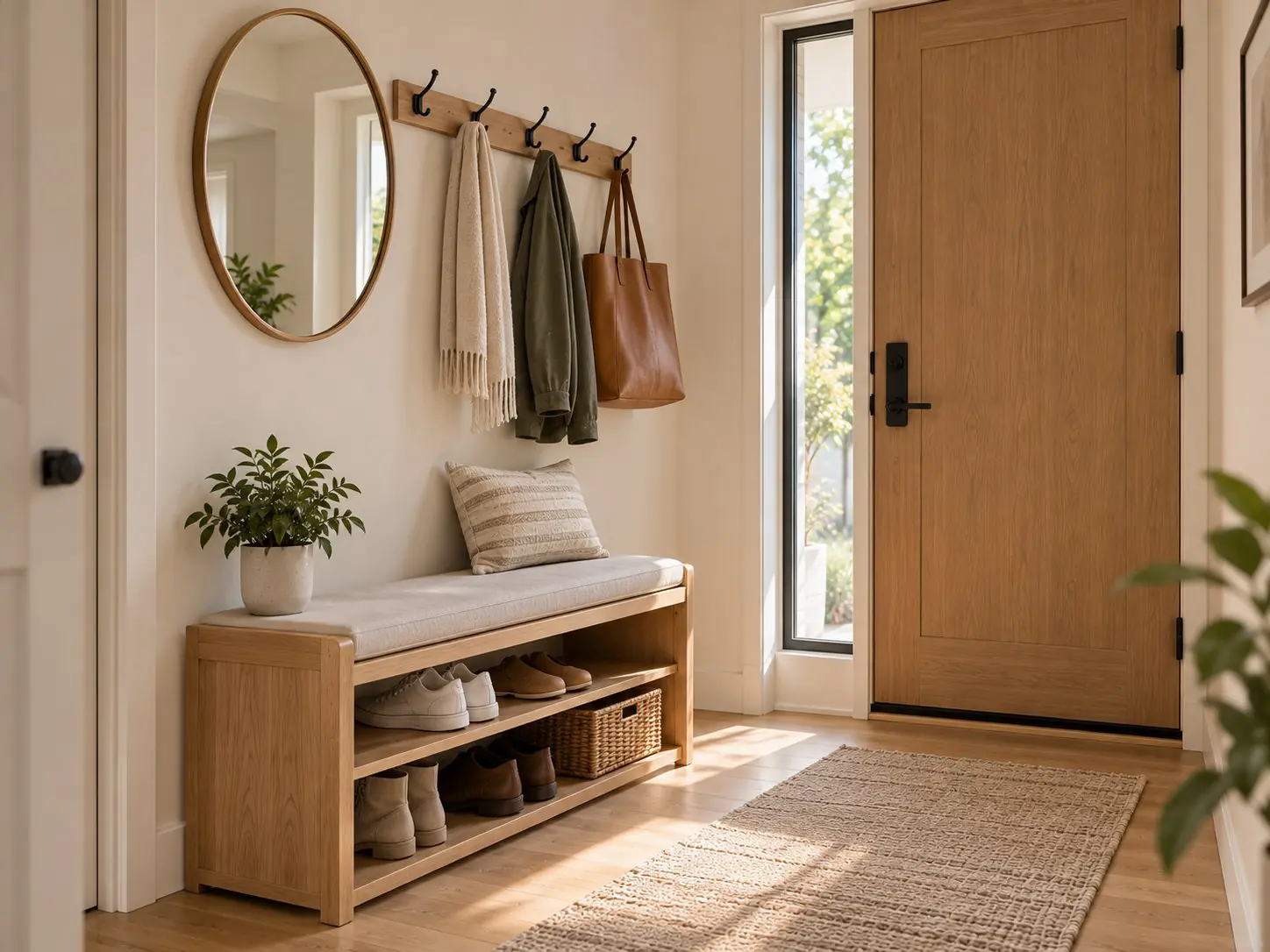 Small apartment entryway: light-oak shoe bench with shoes stored underneath, a row of wall hooks with a scarf and a jacket, a small round mirror on the wall, and a tall potted plant by the front door