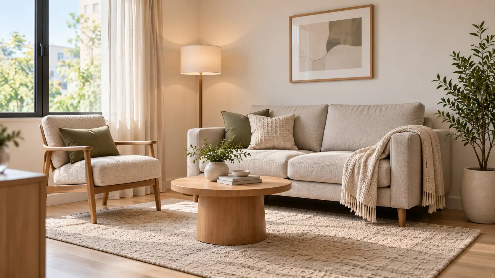 Modern first-apartment living room corner: three-seat sofa with mixed-tone pillows, single lounge chair, round oak coffee table, floor lamp and a tall potted plant, soft natural daylight from a large window