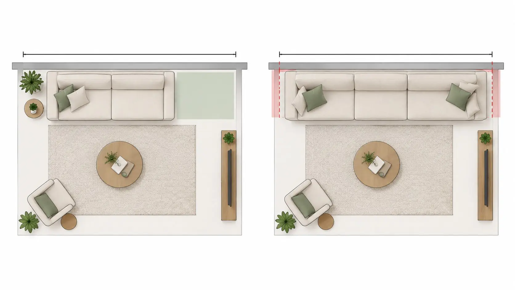 Top-down comparison of two small living rooms: a sofa that fits the wall comfortably on the left vs an oversized sofa that crowds the room on the right