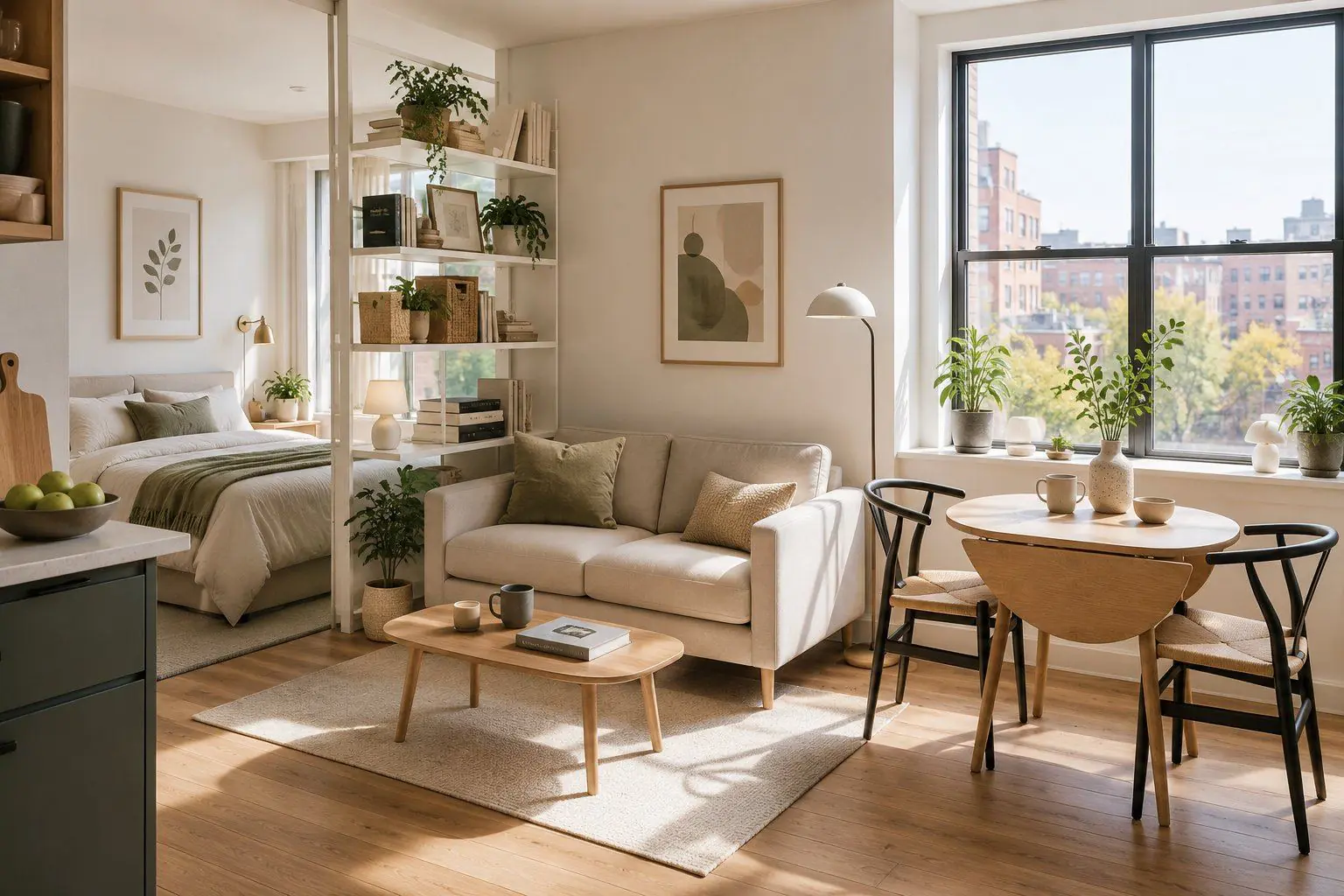 Bright Scandinavian studio apartment with a small beige two-seat sofa, oval coffee table on a cream rug, a slim round dining table with two wishbone chairs by a large window with city view, a low platform bed separated by an open bookshelf used as a room divider, warm oak floor, soft sage and clay accent pillows, and potted plants on the windowsill