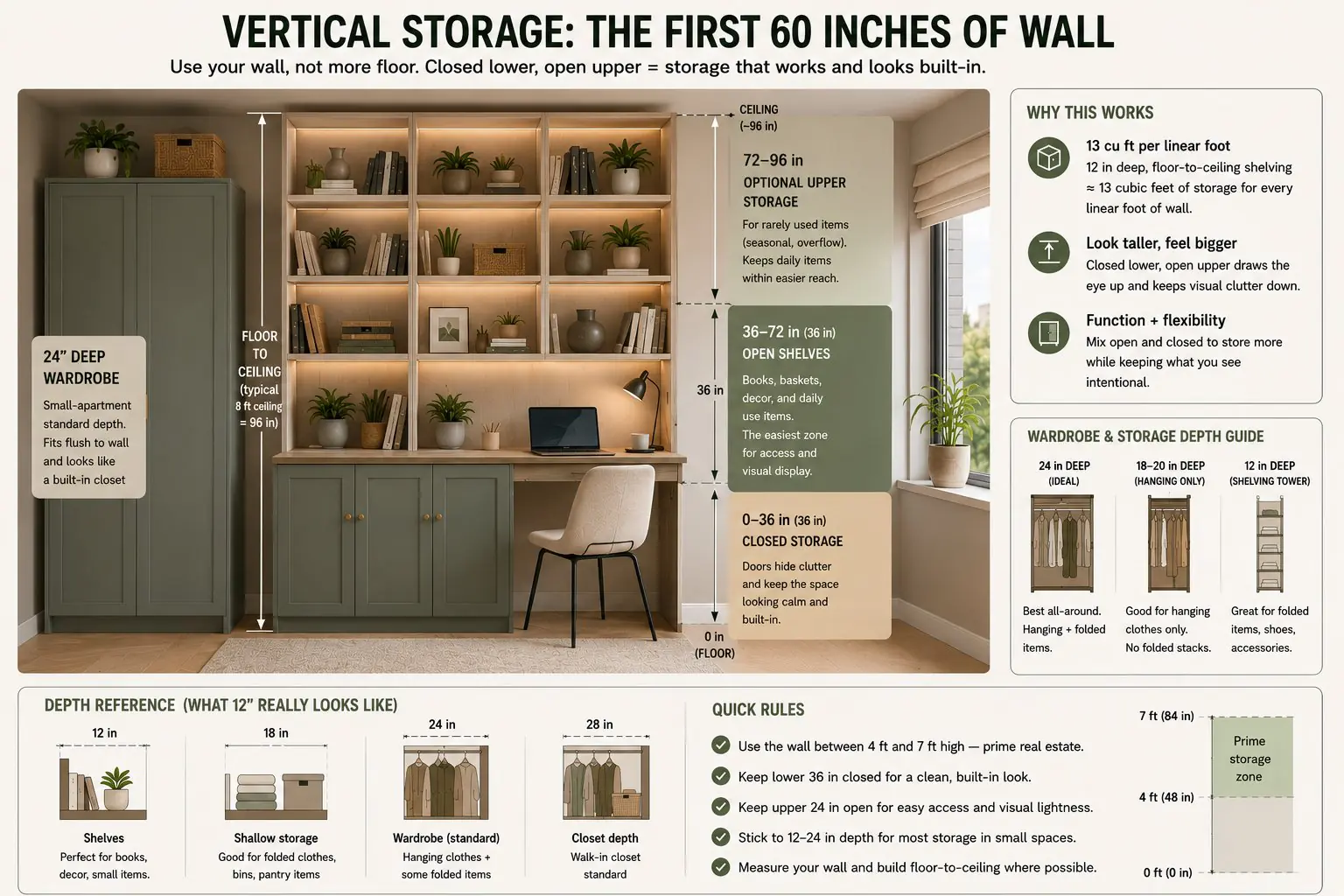Annotated vertical-storage diagram for a small apartment: a floor-to-ceiling built-in shelving wall divided into four height bands — 0–36 in closed storage with doors, 36–72 in open shelves for everyday items, 72–96 in optional upper storage, ceiling at about 96 in on a typical 8 ft ceiling — with a slim 24-in-deep wardrobe on the left, a fold-down desk on the right, and side panels showing the 13 cu ft per linear foot rule, a wardrobe depth guide (24 in ideal, 18–20 in hanging only, 12 in shelving tower), and a quick rules checklist for the 4–7 ft prime storage zone