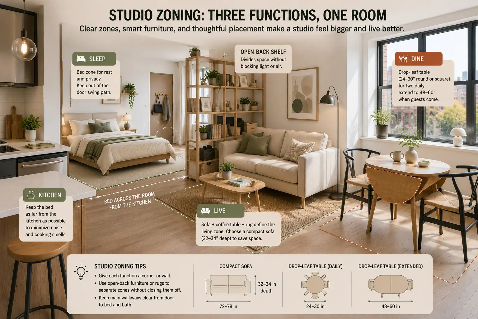 Annotated studio apartment zoning diagram: sleeping corner with a bed and nightstand at the back, an open-back bookshelf used as a room divider, a compact living area with a beige sofa and coffee table, a round drop-leaf dining table for two by the window, and the kitchen across the room from the bed, with a bottom sizing panel for a compact sofa (72-78 in wide, 32-34 in deep) and a drop-leaf table (24-30 in daily, 48-60 in extended)