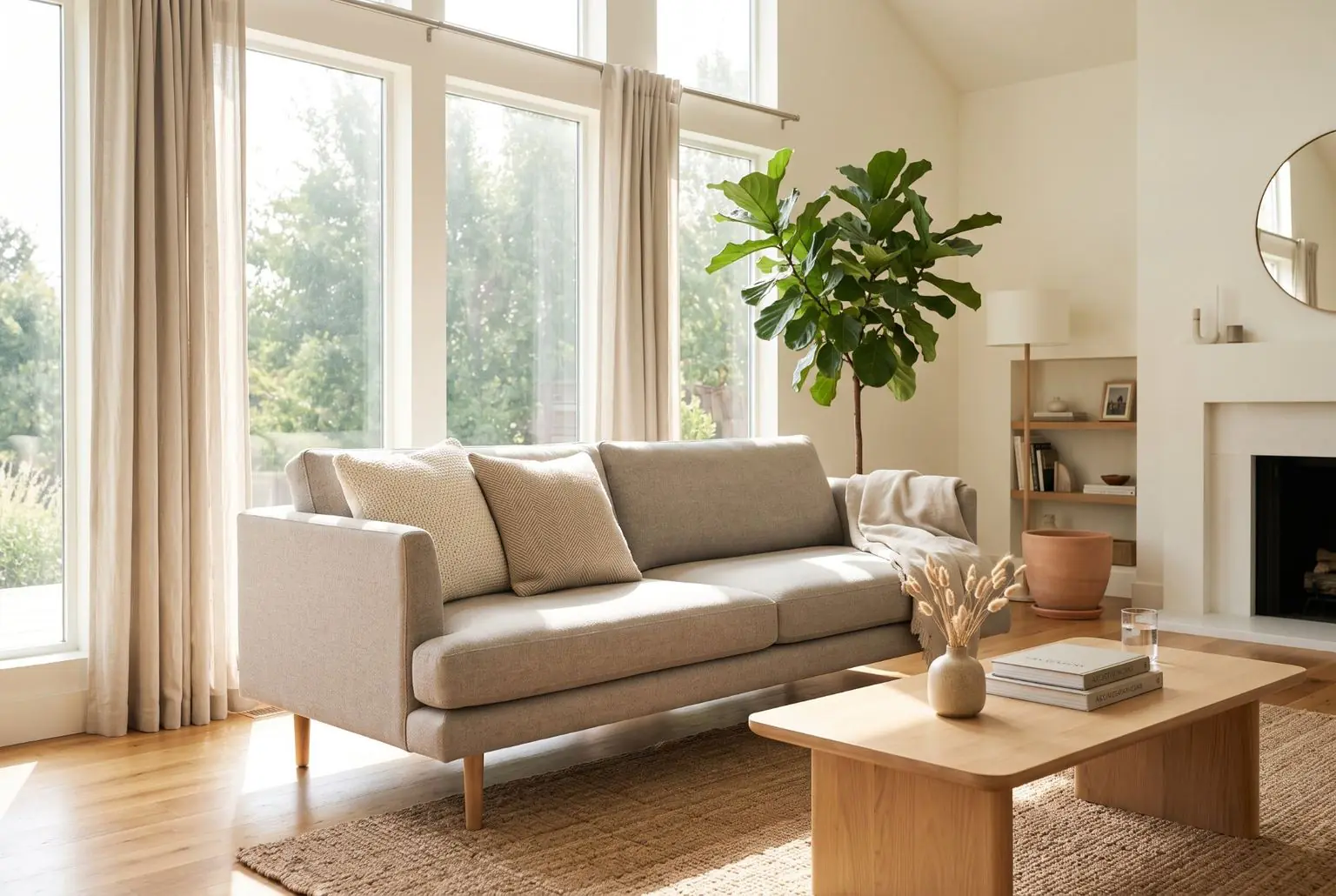 A modern beige fabric three-seat sofa in a bright contemporary living room with tall windows, natural light, a wooden coffee table, fiddle-leaf fig and throw cushions