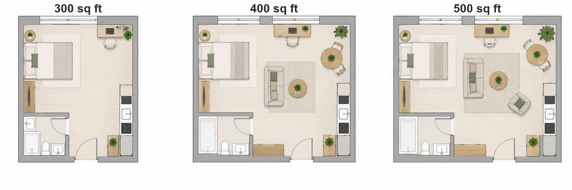 Top-down 2D floor-plan comparison of three studio apartments of different sizes, side by side