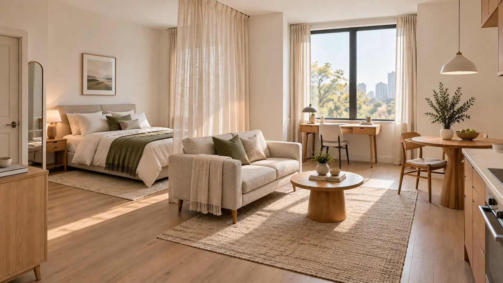 Modern studio apartment interior with bed on a long wall, sofa and coffee table, sheer curtain divider, bistro table by the kitchen, and a tree-lined window view