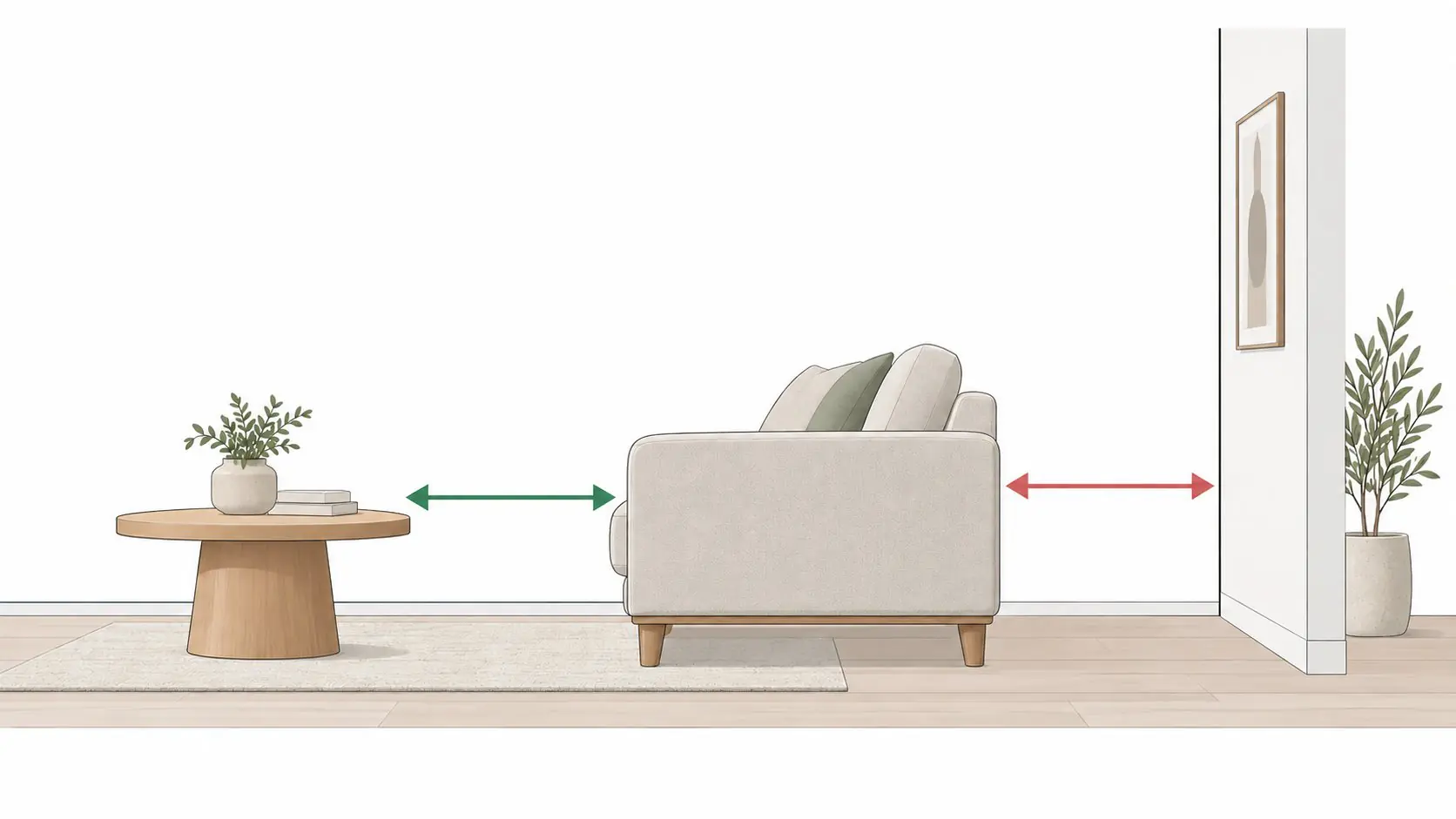 Side view of a sofa with a coffee table and a wall, showing three spacing arrows: sofa-to-coffee-table, sofa-to-wall, and the walkway behind the sofa
