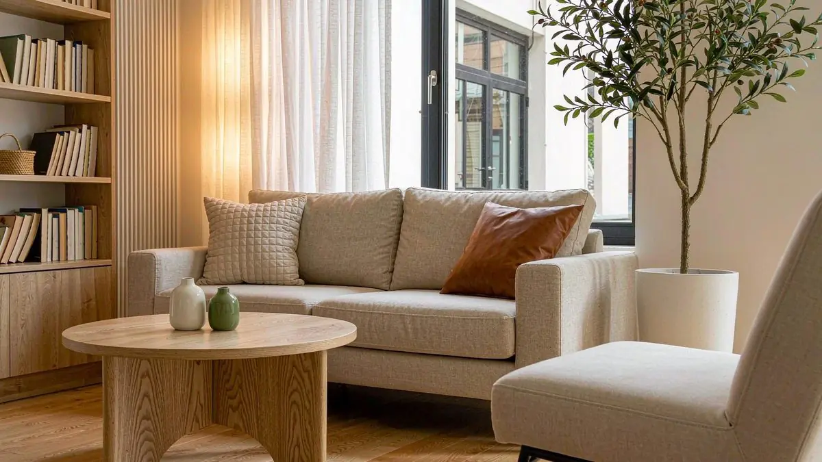 A person measuring a sofa with a tape measure in a bright modern living room